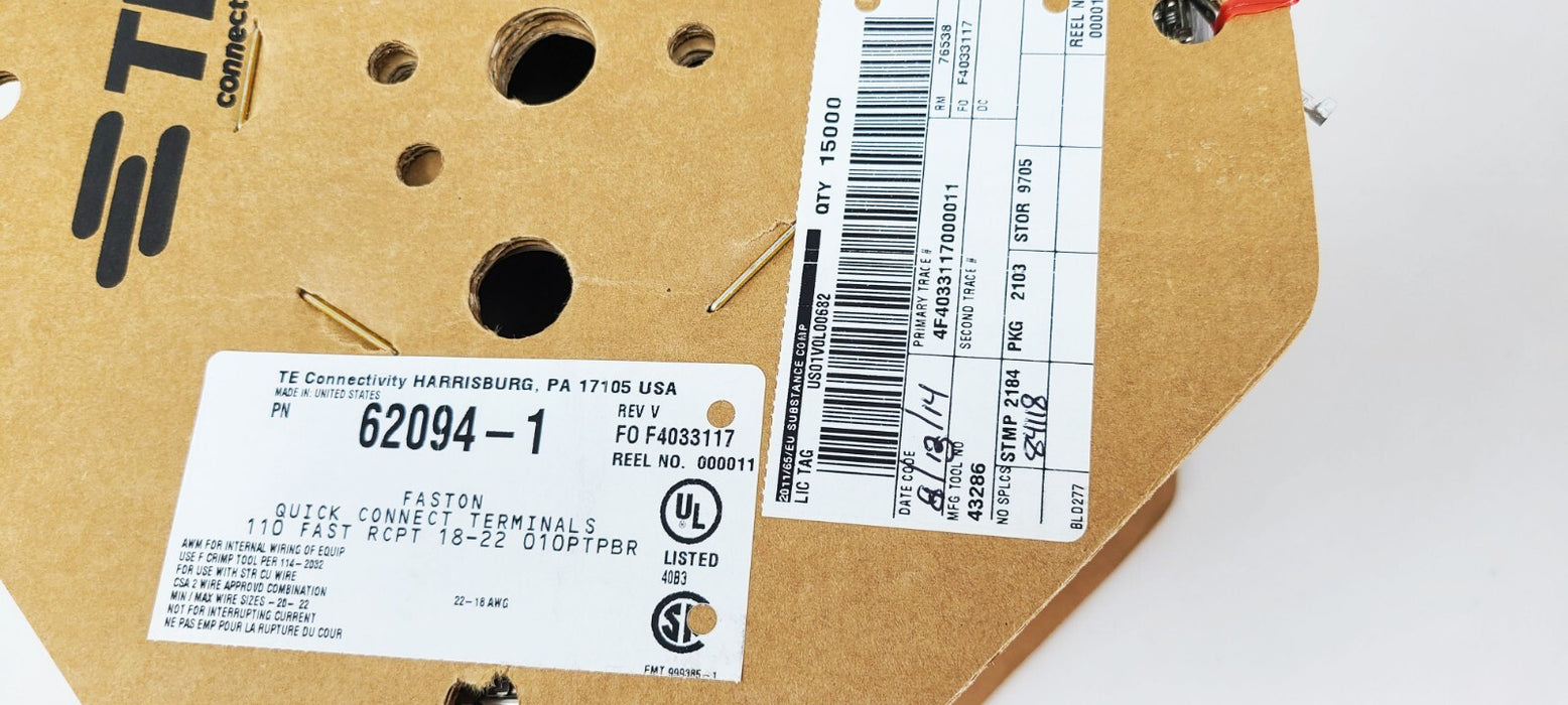 Roll 15,000 TE Connectivity Faston 62094-1 .110" Quick Connect Female 18-22 AWG