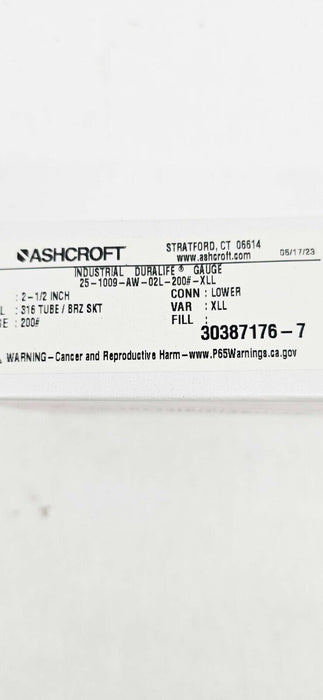 Ashcroft 25-1009-AW-02L-200#-XLL Industrial Pressure Gauge 2.5" 3037176-7