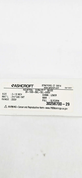 Ashcroft 25-1009-SWL-02L-2000# Industrial Pressure Gauge 2.5" 30256700-29