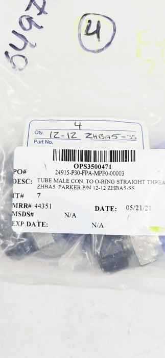 4 PACK - Parker 12-12 ZHBA5-SS - CPI Inch Tube Male Connector to O-Ring