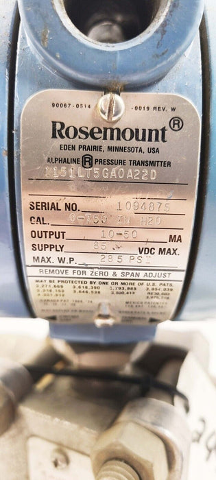 Rosemount Level Transmitter 1151LT5GA0A22D 0-750 IN H2O, 10-50 MA, 85 VDC