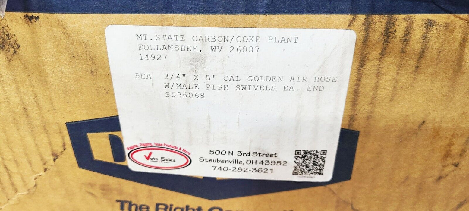 5 PACK  - THERMOID GOLDENAIR YELLOW NON-CONDUCTIVE Nitrogen Hose 3/4" ID 350 PSI