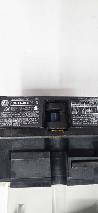 ALLEN BRADLEY 194R-NJ030P3 600 VAC 7.5 HP 3 PH FUSED DISCONNECT SWITCH