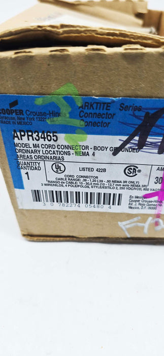 Eaton Crouse-Hinds APR3465 600 VAC/250 VDC 30 Amp 4-Pole 3-Wire Cable Connector