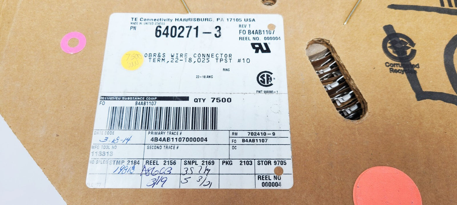 (Roll 7500) - TE Connectivity 640271-3 Ring Tongue Terminal, M5, #10, 18 AWG