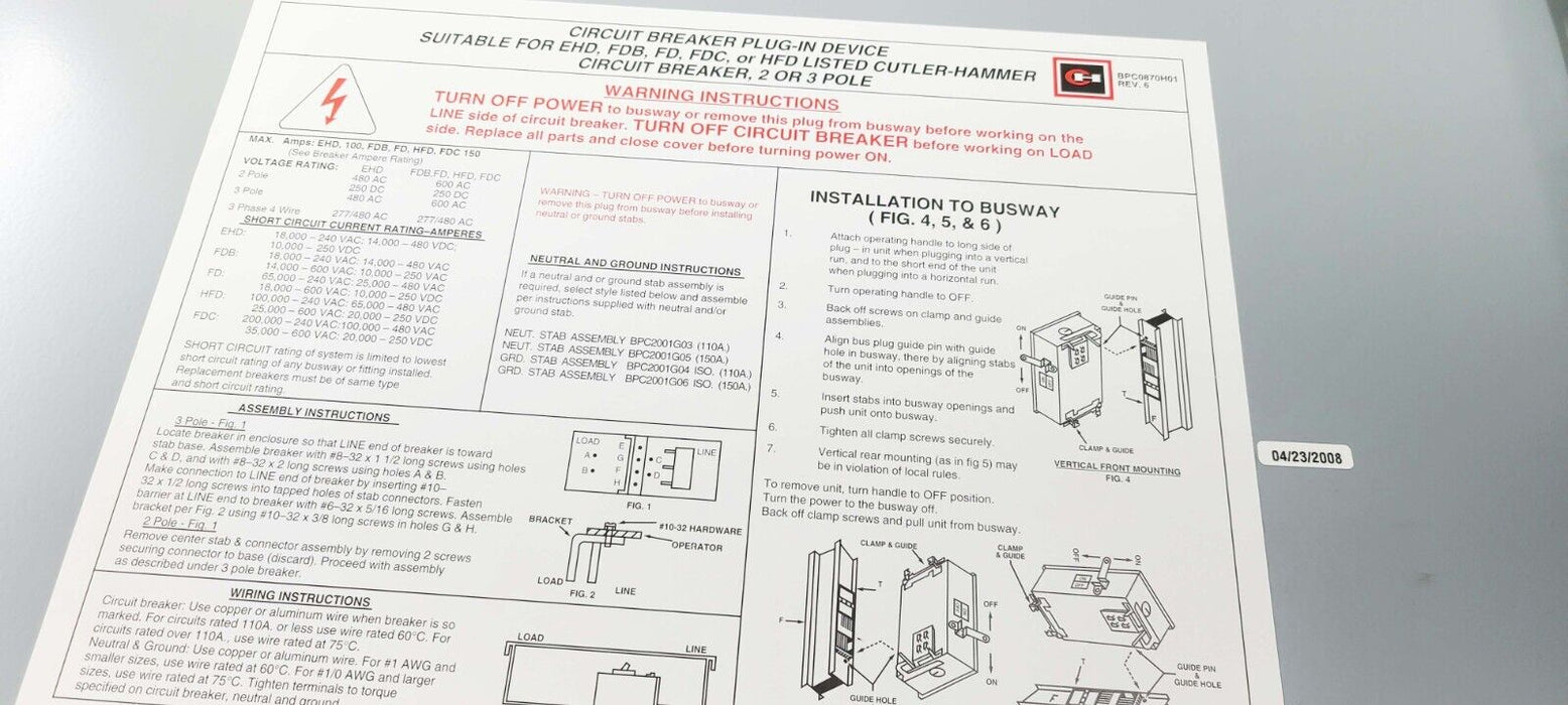 Eaton Cutler Hammer POW-R-WAY III P3BFWF3080GN Busway Circuit Breaker 80A