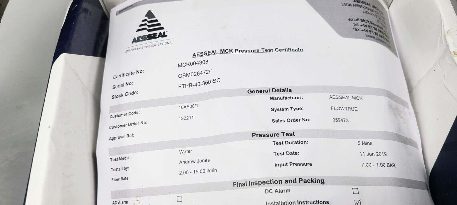 AES SEAL FTPB-40-360-SC FLOWTRUE FLOW METER, #4301030G NIB