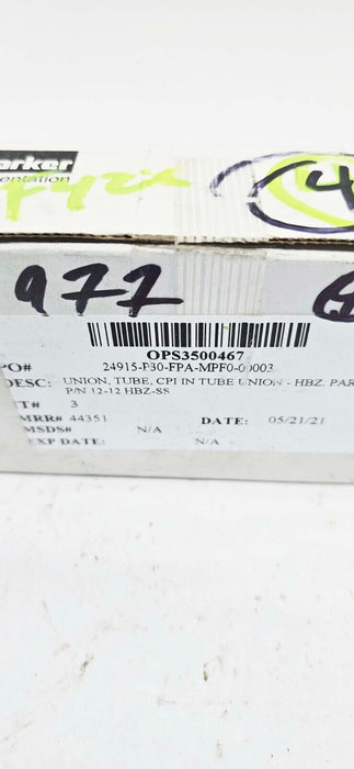 1 PIECE - Parker 12-12 HBZ-SS CPI Inch Tube Union
