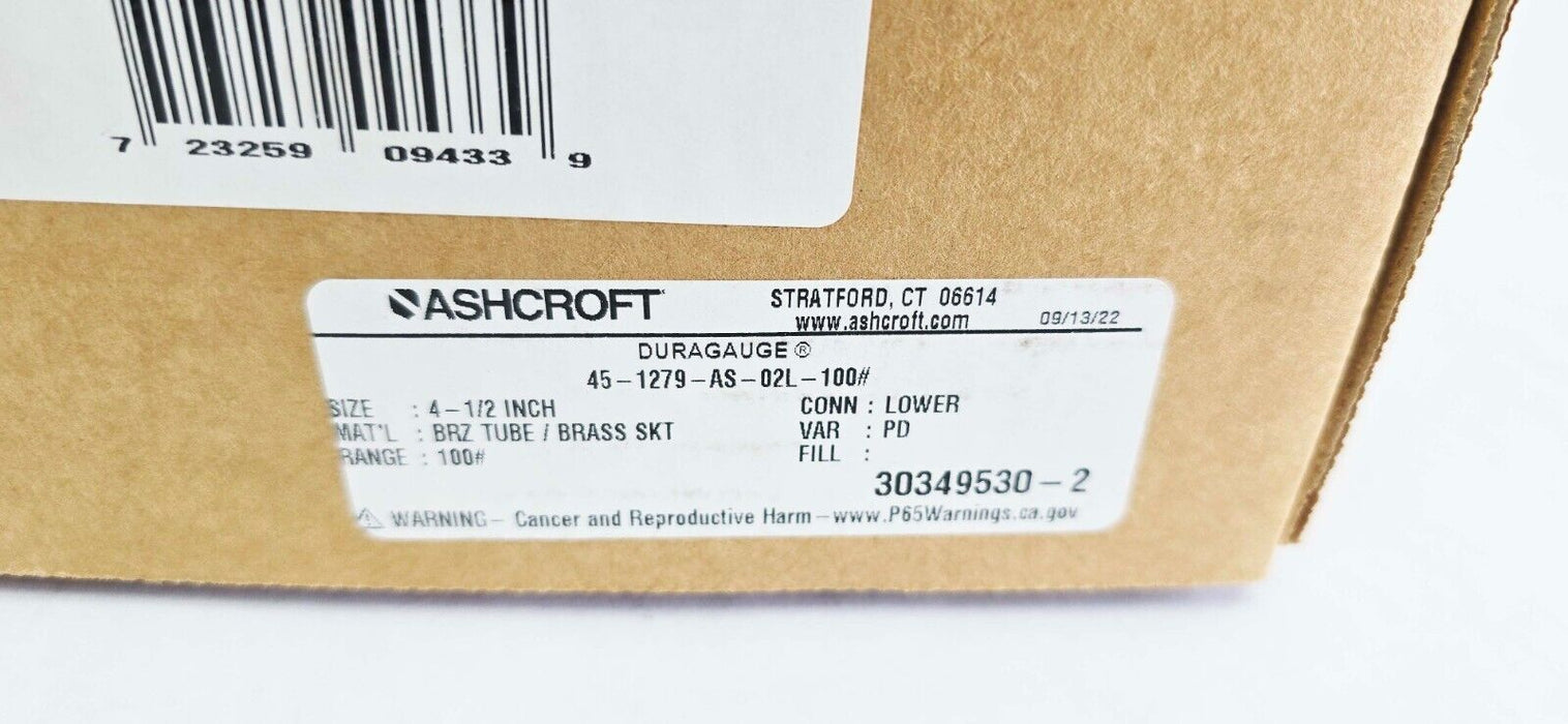 ASHCROFT 45-1279-AS-02L-100 GAUGE 0-100PSI NSMP