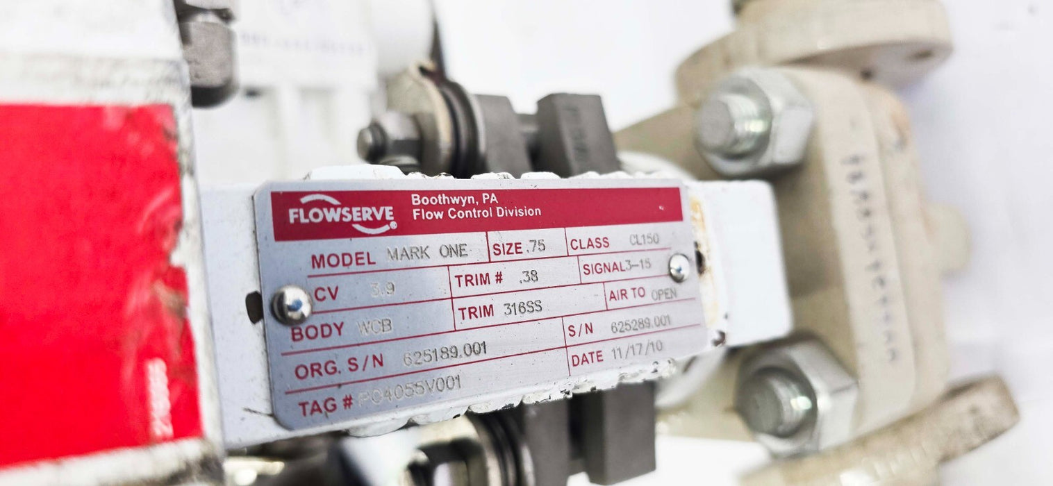 Flowserve Mark-One .75" Actuated Stainless Control Valve Assembly W/ NT3000 Tran