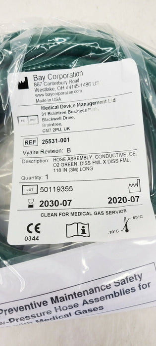 25 Pack - Green Oxygen Hose 25531-001 118"/3M LONG DISS FML X FML EXP 2030