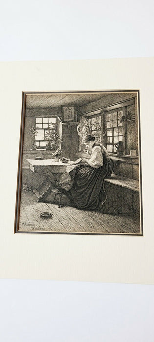 "A TRANQUIL HOUR" Women Sewing, Knitting, Original Antique engraving 1888