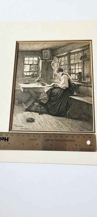 "A TRANQUIL HOUR" Women Sewing, Knitting, Original Antique engraving 1888