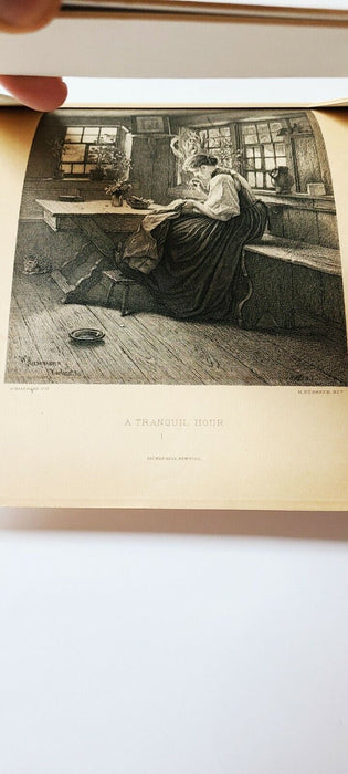 "A TRANQUIL HOUR" Women Sewing, Knitting, Original Antique engraving 1888